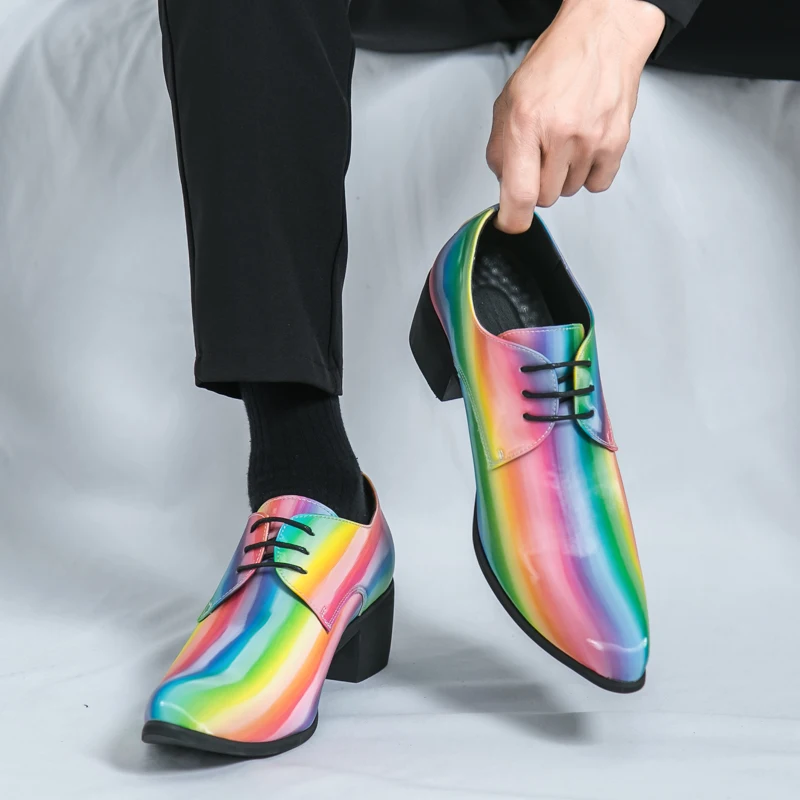 

Summer Men High Heels Patent Leather Lace Up Rainbow High Heels Fashionable Stage Performance Nightclub Fashion Shoes