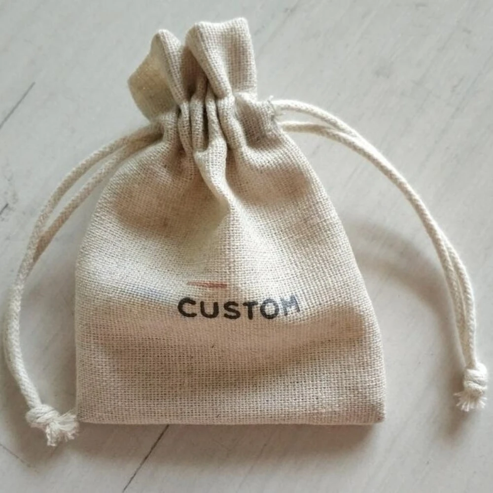 50PCS Linen Drawstring Bags Jewelry Pouches Cosmetic/Storage/Wedding/Packing/Gift/Earrings/Bead Sack Natural Color Print Logo
