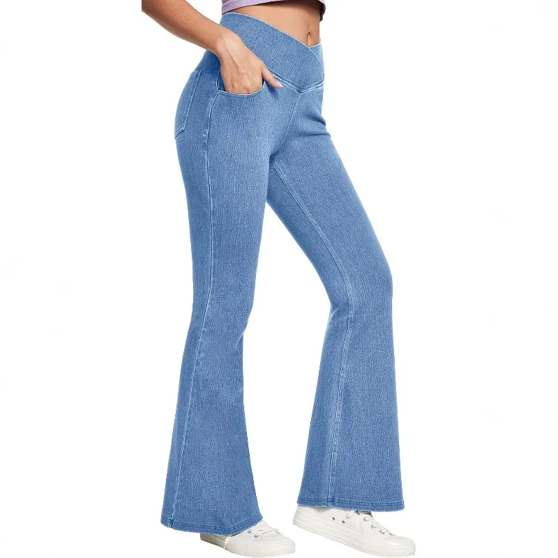Women Crossover V-Waist Faux Denim Bootcut Pants Stretch Flared Jeggings With Side Pockets Casual Yoga Trousers