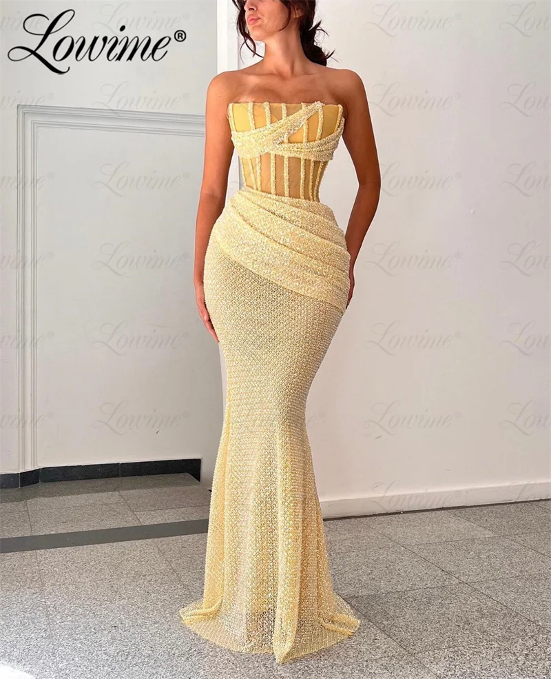 Arabic Party Dress Yellow Strapless Long Beads Pearls Engagement Dress Mermaid Sequin Prom Dresses Women Formal Occasion Dresses