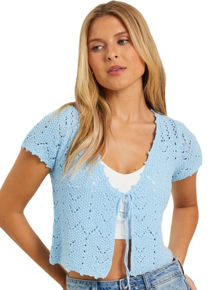 

Spring Summer 2024 Sexy Hollow out ort Knitted Cardigan ort Sve Women's Outerwear Breathable Polyester Fiber Girl's Sle