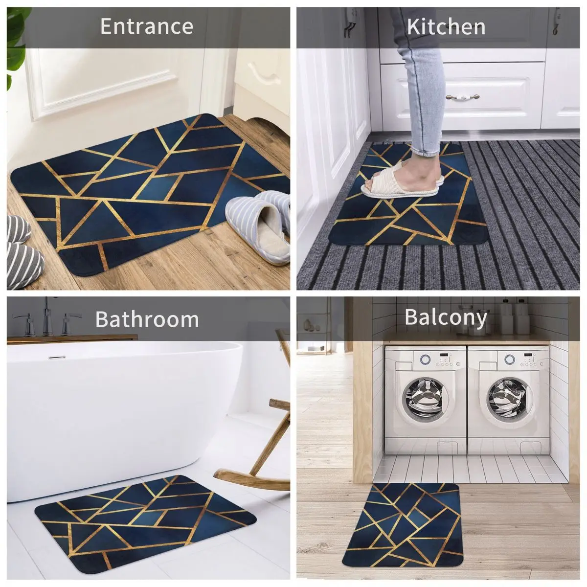 Navy Gold Stone Geometric Bath Mat Non-slip Blue Toilet Mat Quick Dry Kitchen Shower Room Floor Mat Velvet Soft Bathroom Carpet