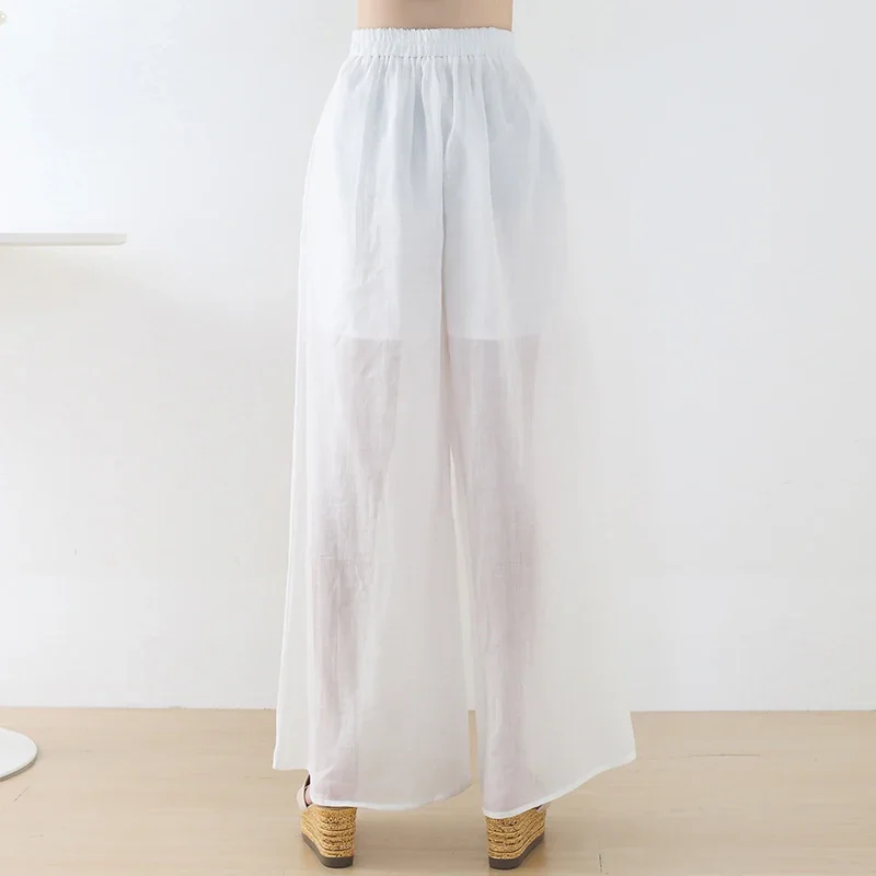 

2021 New Hemp Linen Pants Women Wide Leg Oversized Elastic Waist Full Length Yogo White Pansts Black Color Summer Loose Trousers