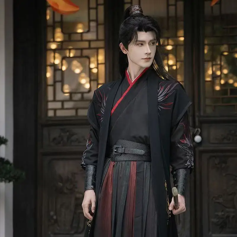 4XL 大メンズ古代黒赤韓服伝統的な刺繍クロス襟衣装ドレスニッチ剣士コスプレ衣装ハン
