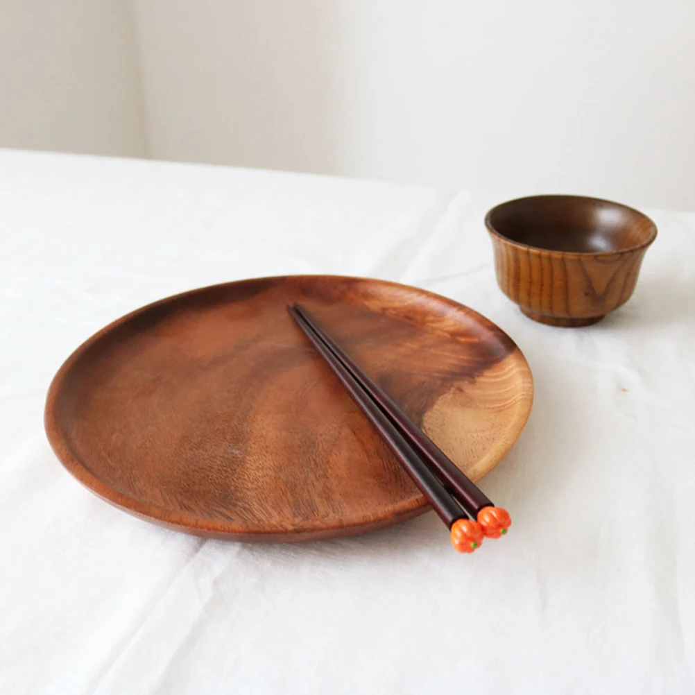 

Wooden Round Tray Fruit Plate Dessert Small Snack Saucer Food Serving Platter Bread Tray Dishes Cutlery Set Kitchen Bar Supplies