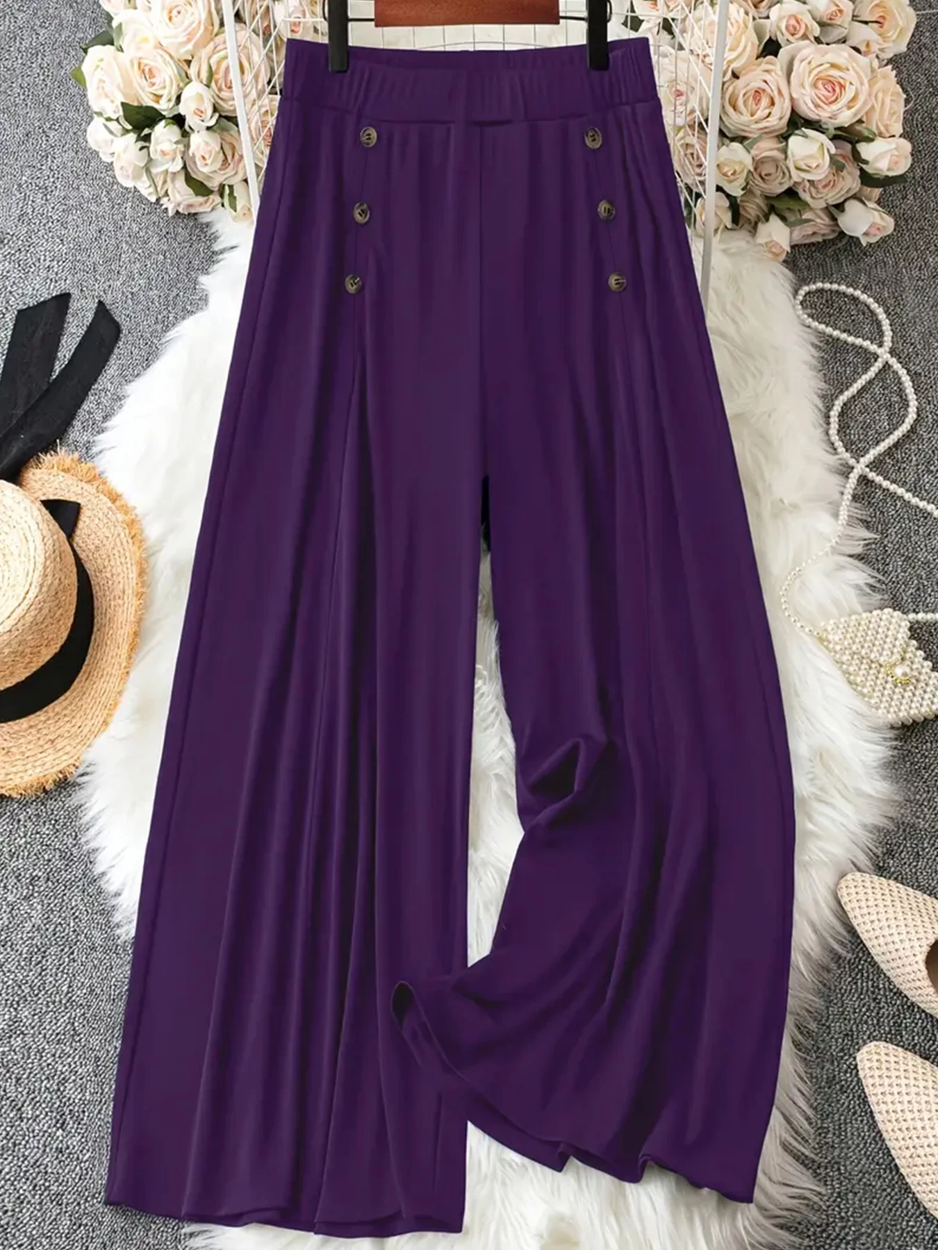 Damen-Hose mit hoher Taille und weitem Bein, einfarbig, lockere, bequeme Freizeithose mit dekorativen Knöpfen, modisch