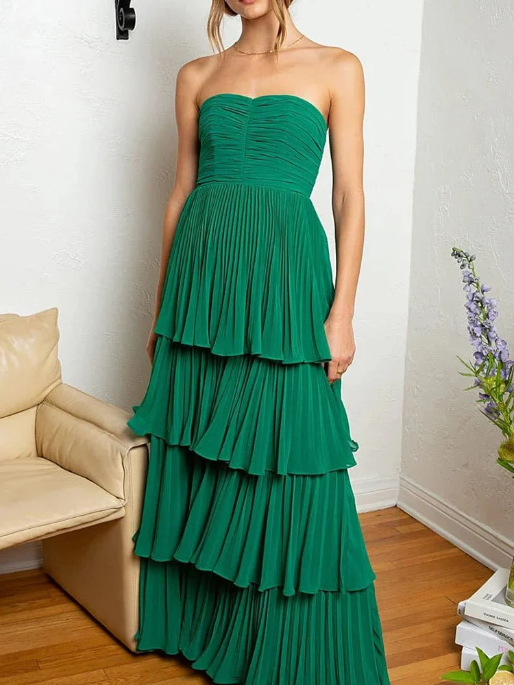 Vestido de férias em camadas com borda plissada, doce, elegante, sem alças, vestido de noite feminino, moda sem costas, vazado, slim fit, vestido longo