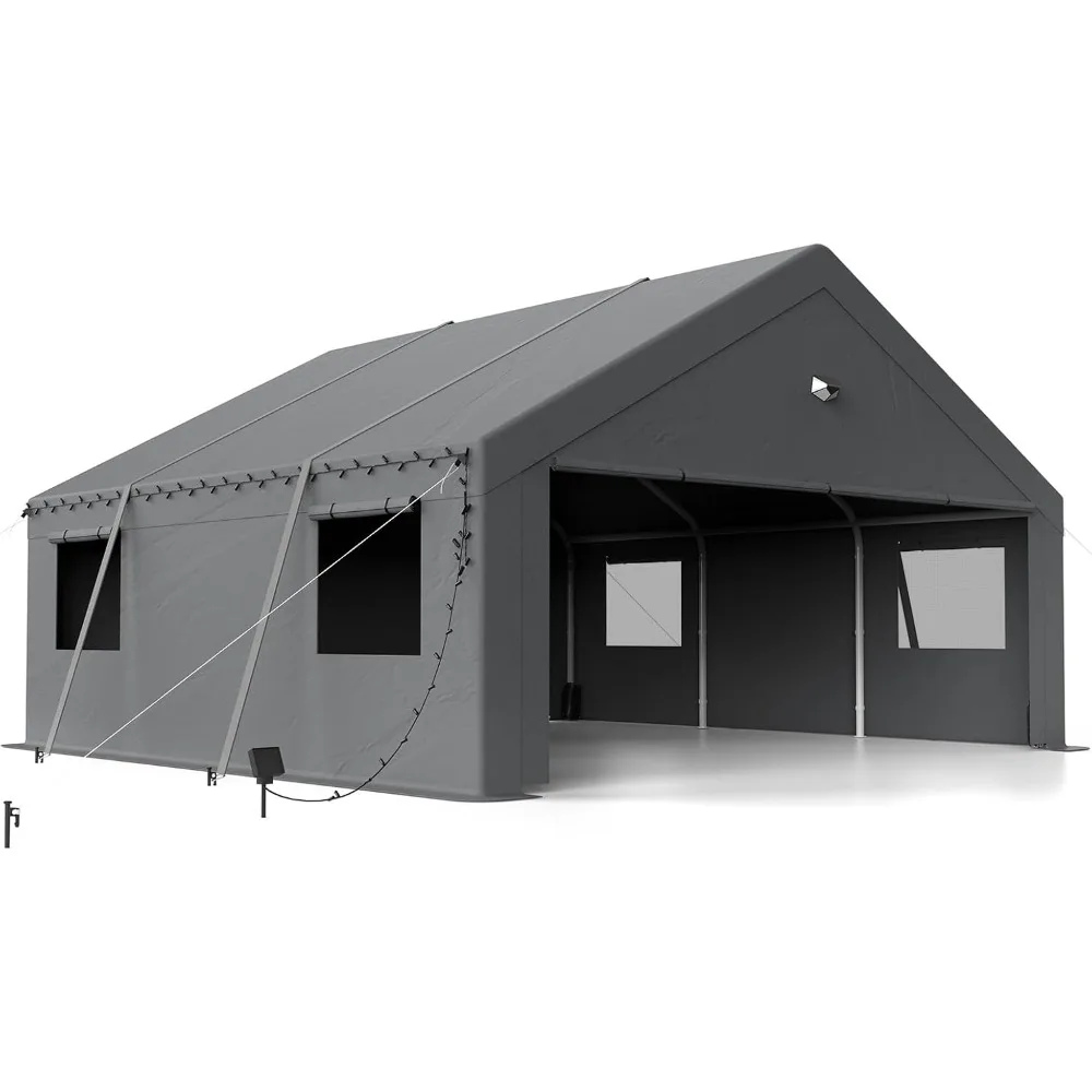 Carports 20x20 Heavy Duty, 2 Car Carport Canopy with Side Windows and Removable Sidewalls, Grey, Carports