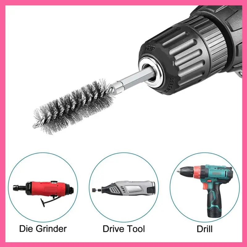 24 PCS Wire Bore Brushes Set For Power Drill, Silver With 1/4 Inch Hex Shank For Tubes Pipe Cleaning(8/10/12/15/17/19MM)