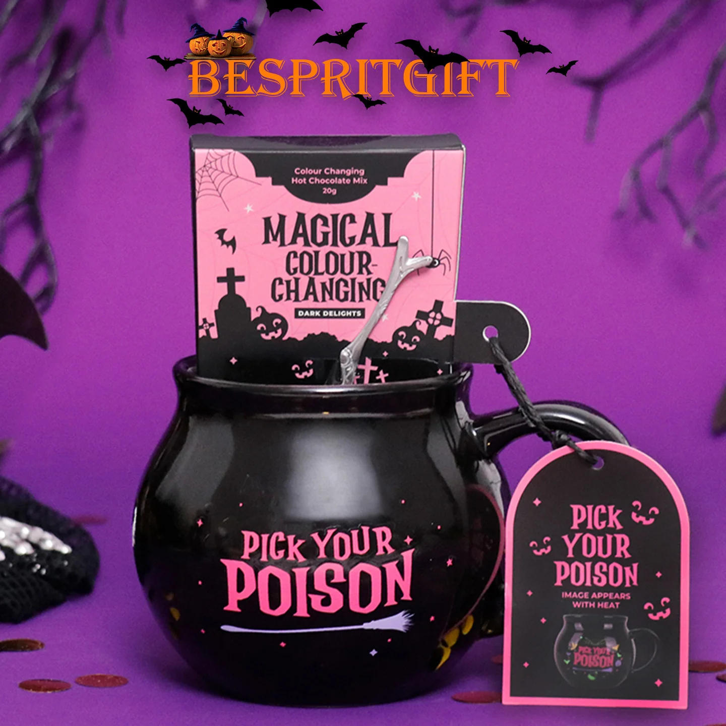 Heat Changing Witch Cauldron Mug, Ceramic Color Shift Magic Set Gothic Halloween Birthday Gift, For Women Girls Party Decor