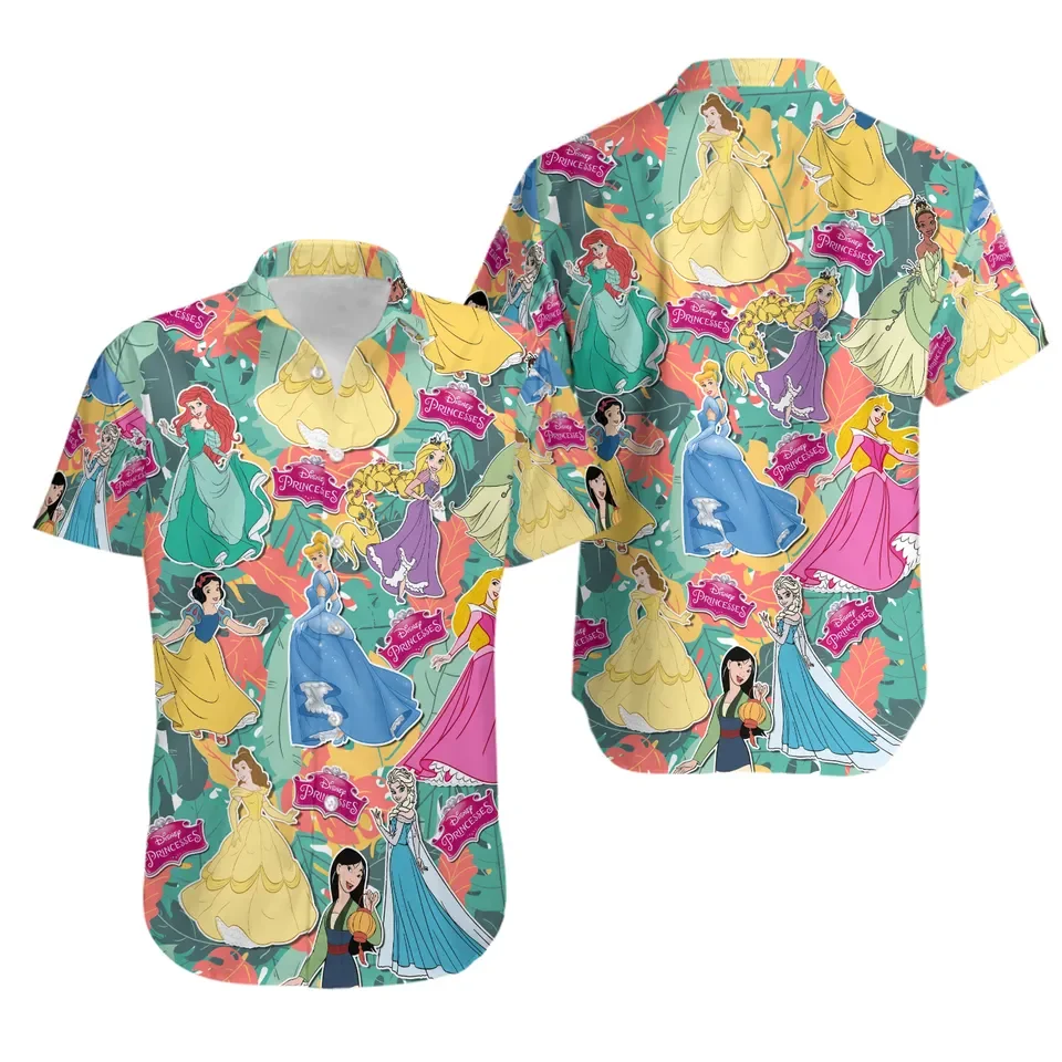 2024 neue Disney Prinzessin Hawaii Shirt Männer Frauen Kurzarm Button Up Shirt Disney Weihnachten Hawaii Shirt