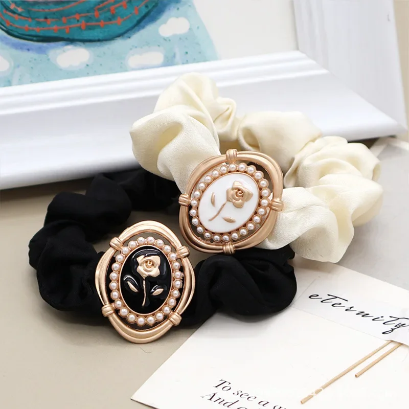 Fashion Imitation Pearl Rose Flower Silk Hairband Cute Bowknot Bear Cat Scrunchie for Women Girls Ponytail Hair Accessories Gift