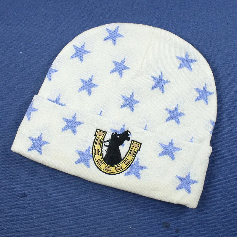 Anime Star Print Beanie Hat Horseshoe Horse Embroidery Cuffed Skullcap Soft Streetwear Cosplay Costume Prop Outdoor Knitted Cap 4