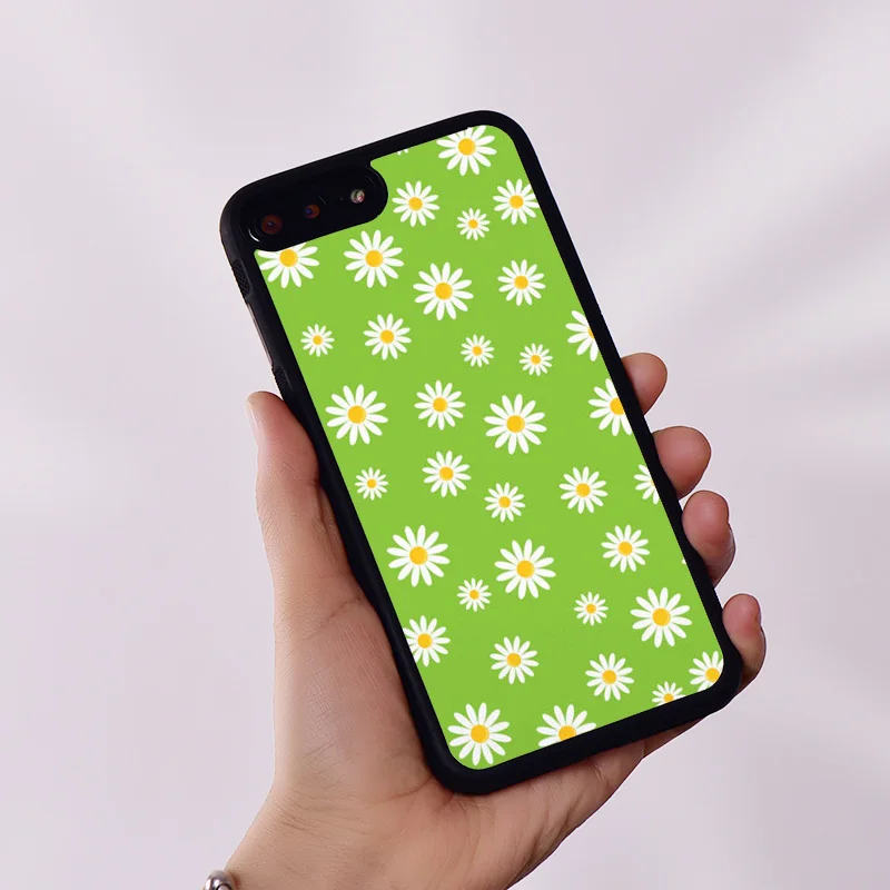 Wildflower Silicone Rubber Phone Case Cover for iPhone 6 6S 7 8 Plus X XS XR 11 12 13 14 15 Mini Pro Max Green Daisy Pattern