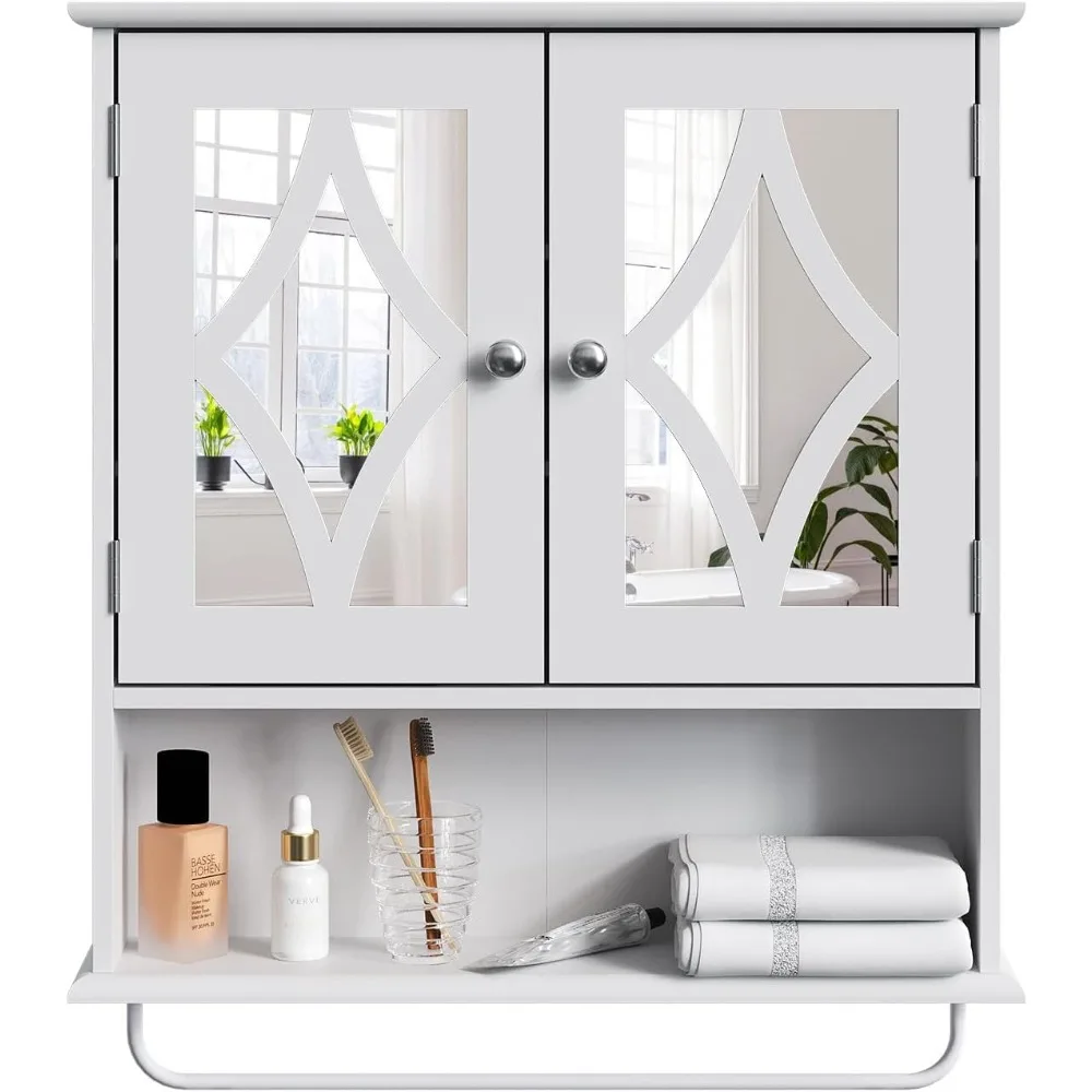 

Bathroom Medicine Cabinet with Mirror, Vanity Wall Mounted Storage Cabinet with Adjustable Shelves and Towel Bar, Hanging Wall C