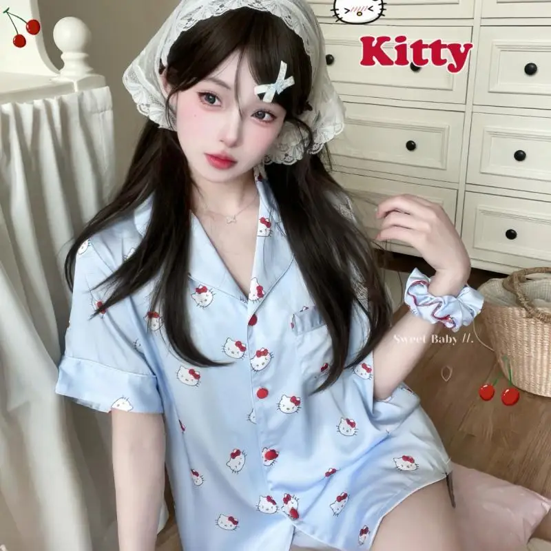 3Pcs Kawaii Hello Kitty Pajamas New Women Summer Thin Short Sleeved Long Pant Cartoon Large Home Furnishings Outworn Performance