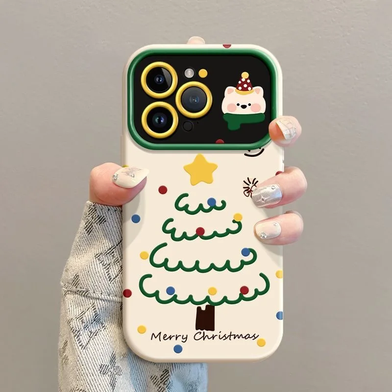 

Cute Christmas Tree Phone Case for iPhone 16 15 14 Pro Max Cartoon Bear with Santa Hat Soft Silicone Shockproof Protective Cover