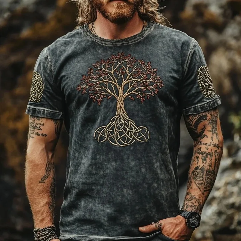 New Summer Men's Crew-Neck Short-Sleeve T-Shirt Tribal Sacred Tree Rune Print Slim Fit Casual Retro Top Everyday Streetwear