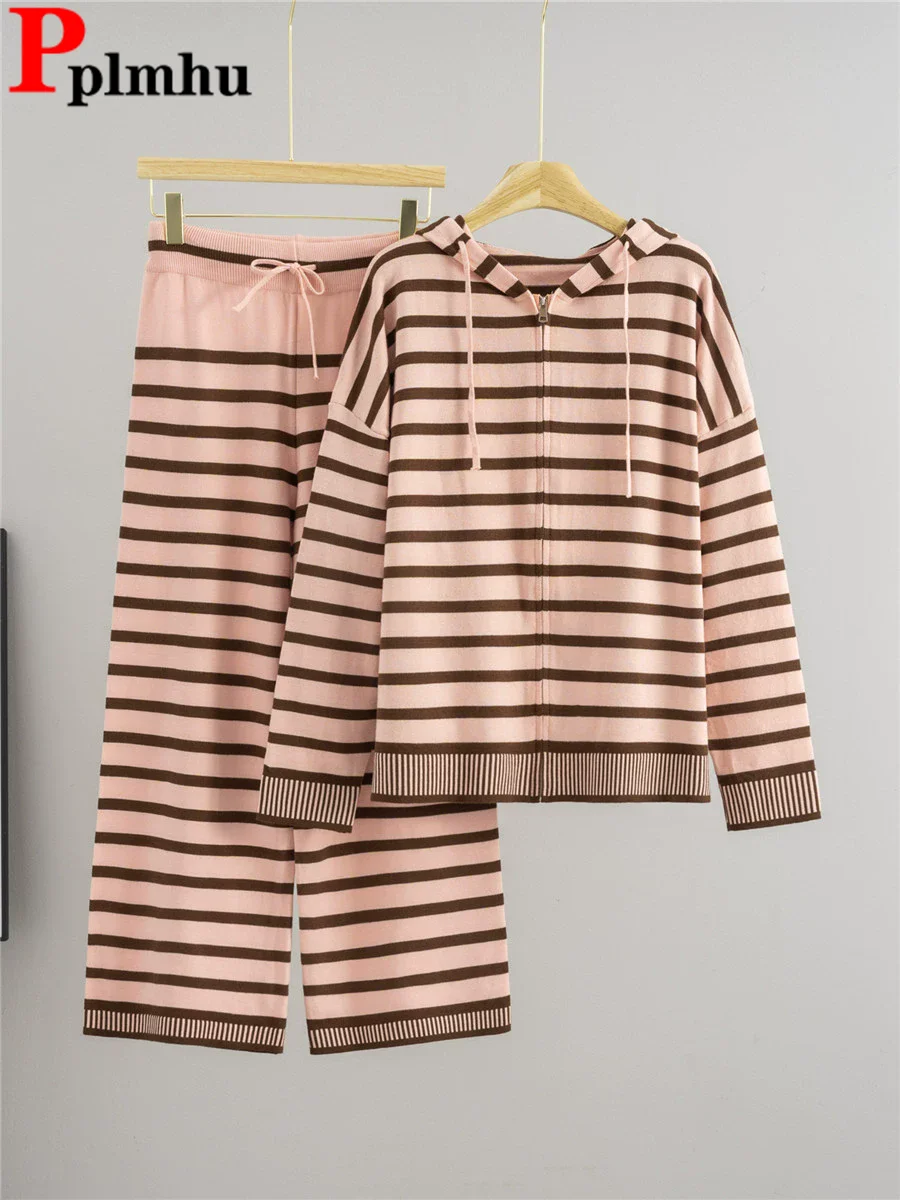 

Korean Striped Loose 2 Piece Sets Women Hooded Knitted Zipper Cardigan Tops Conjuntos Elastic High Waist Straight Pants Outfit