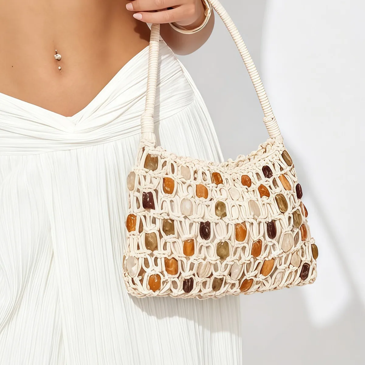 

Handmade Beading Woven Shoulder Bag Bohemian Rope Knitting Beach Bags for Women Hollow Crochet Mesh Bag NEW Beaded Handbag Purse