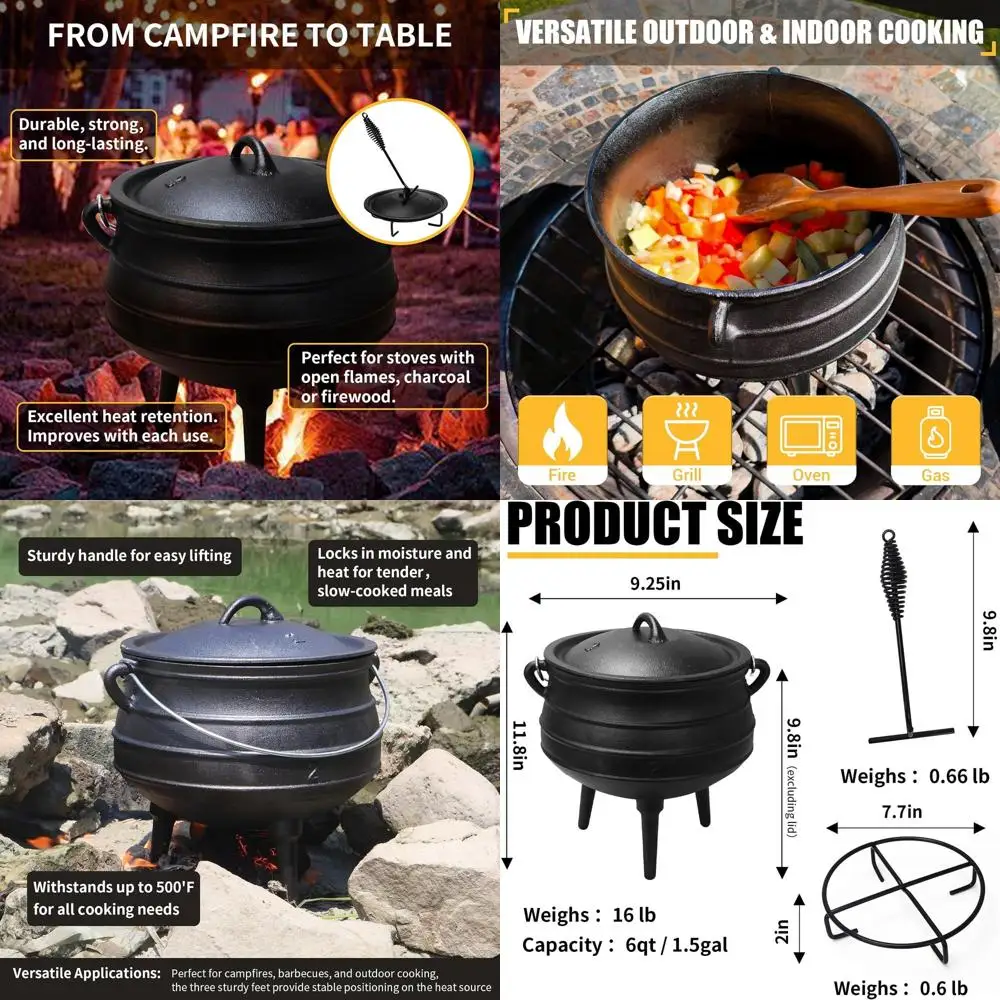

3-Legged 6-Qt Cast Iron Potjie Cauldron with Pre-Seasoned Lid and Lid Lifter for Outdoor Cooking