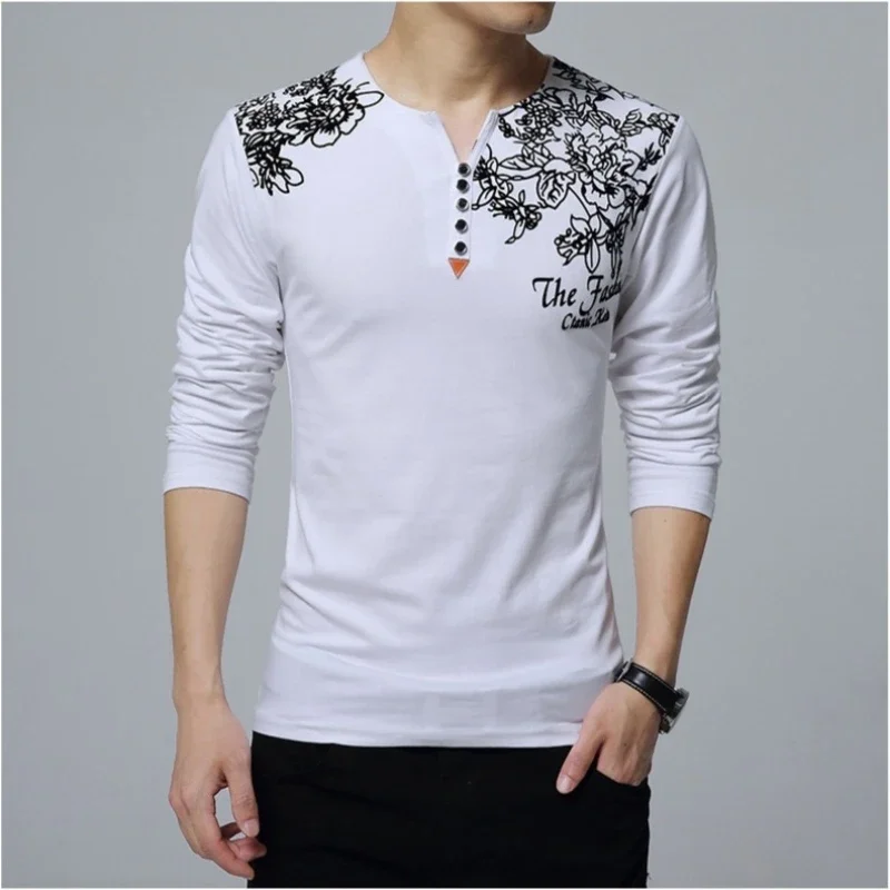 2024 Autumn Fashion Floral Print Men T-shirt Henry Collar Button Decorate Long Sleeve T-shirt for Men Tops Plus Size 5XL