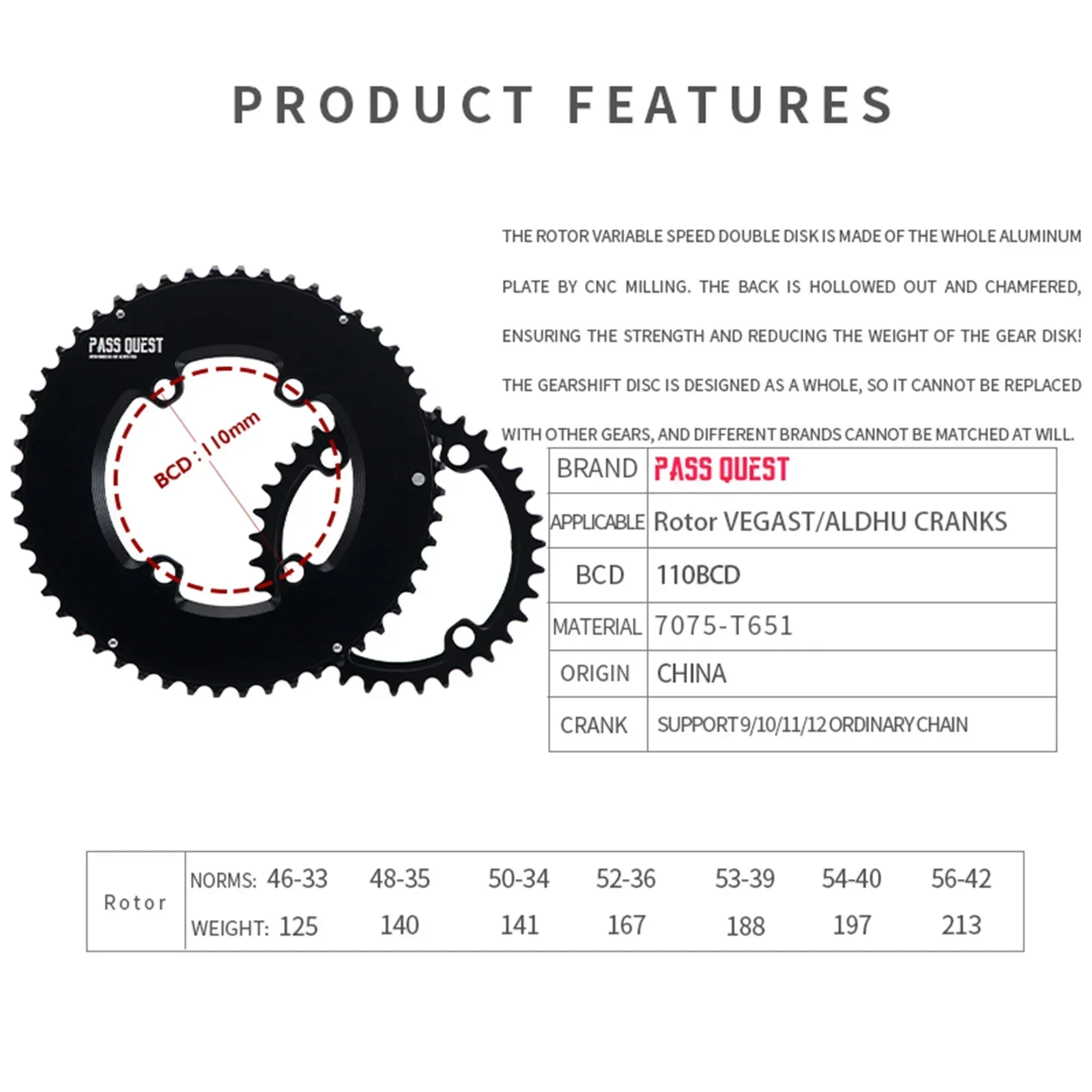 Pass Quest 110bcd 4 Bolts Double Chainring Aluminum Alloy 46T-33T 48T-35T 50T-34T 52T-36T 53T-39T 54T-40T Bicycle Sprocket Black