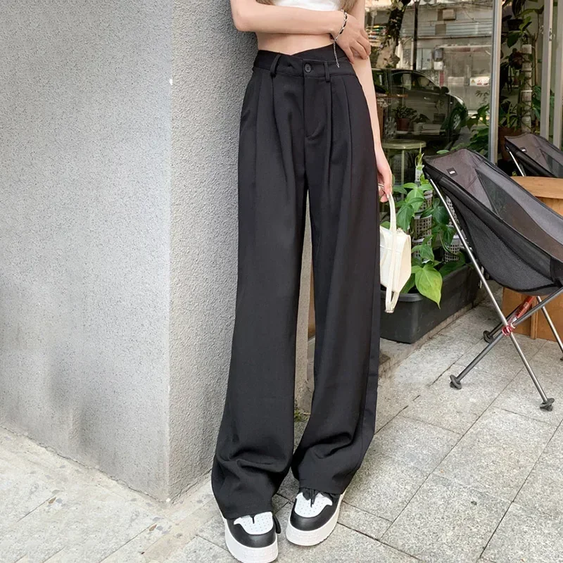 Women Daily Commute Solid Color Suit Pants Lady Baggy Wide Leg Straight Leg Trousers Female Designer High Waisted Draping Slacks