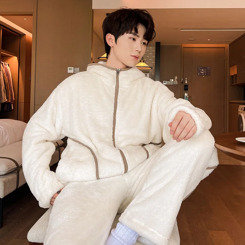 6XL 7XL 8XL Winter Men's Hooded Homewear Heavy Plus Velvet Zipper Cardigan Plus Size Pajamas Pants Keep Warm White Black Suit