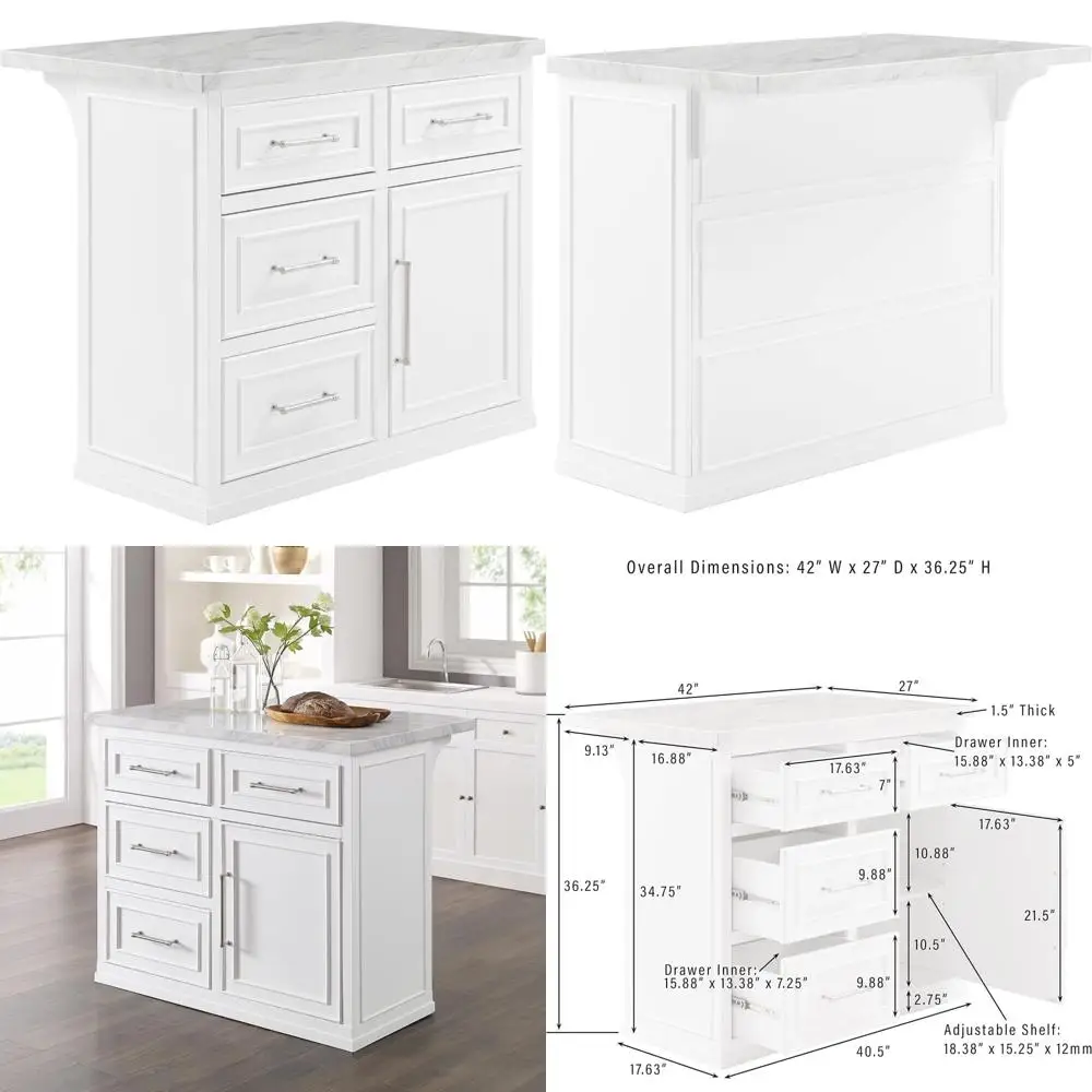 Crosley Furniture Cutler White Faux Marble Kitchen Island with Storage and Breakfast Bar, Suitable for Microwave Stand