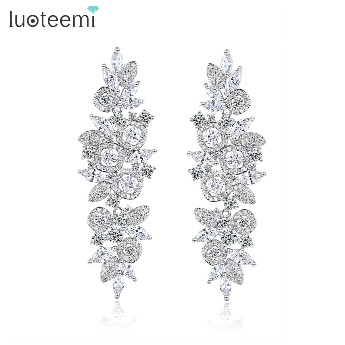 LUOTEEMI Stunning Full Clear Cubic Zircon Pave Long Drop Earring for Women Multiple Flower Inlaid Fashion Jewelry Bridal Wedding