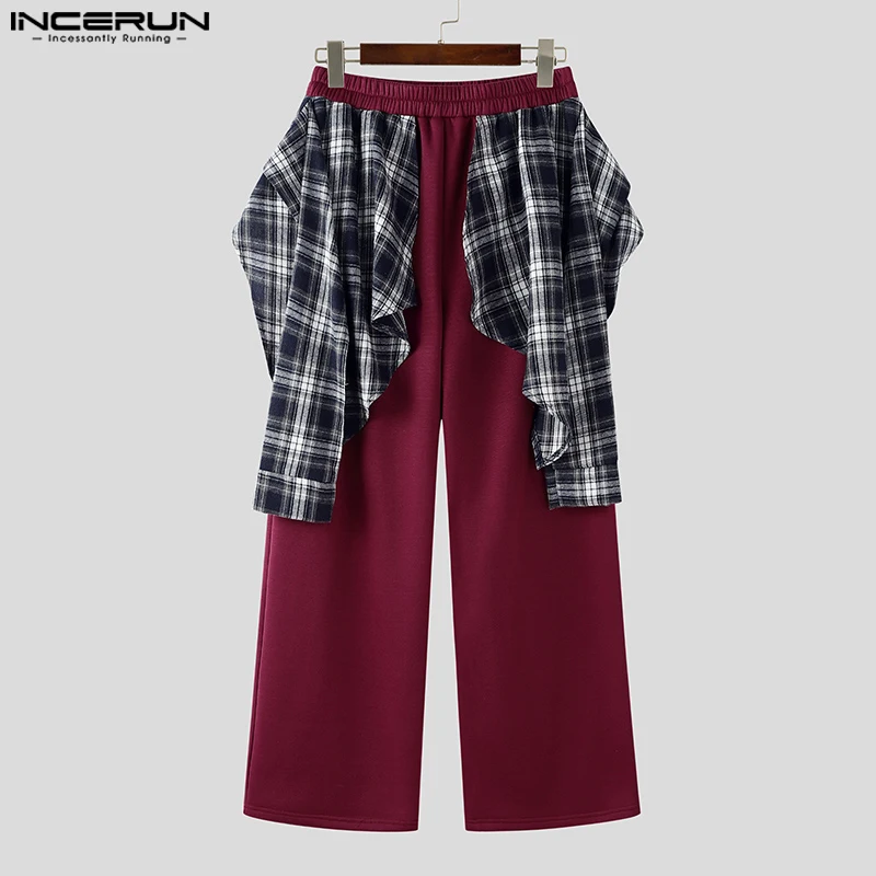 INCERUN 2024 Koreanischen Stil Hosen Mode Männer Gefälschte Zwei-stück Plaid Spleißen Rock Hose Casual Stadt Spaziergang Männlich Heißer verkauf Pantalons