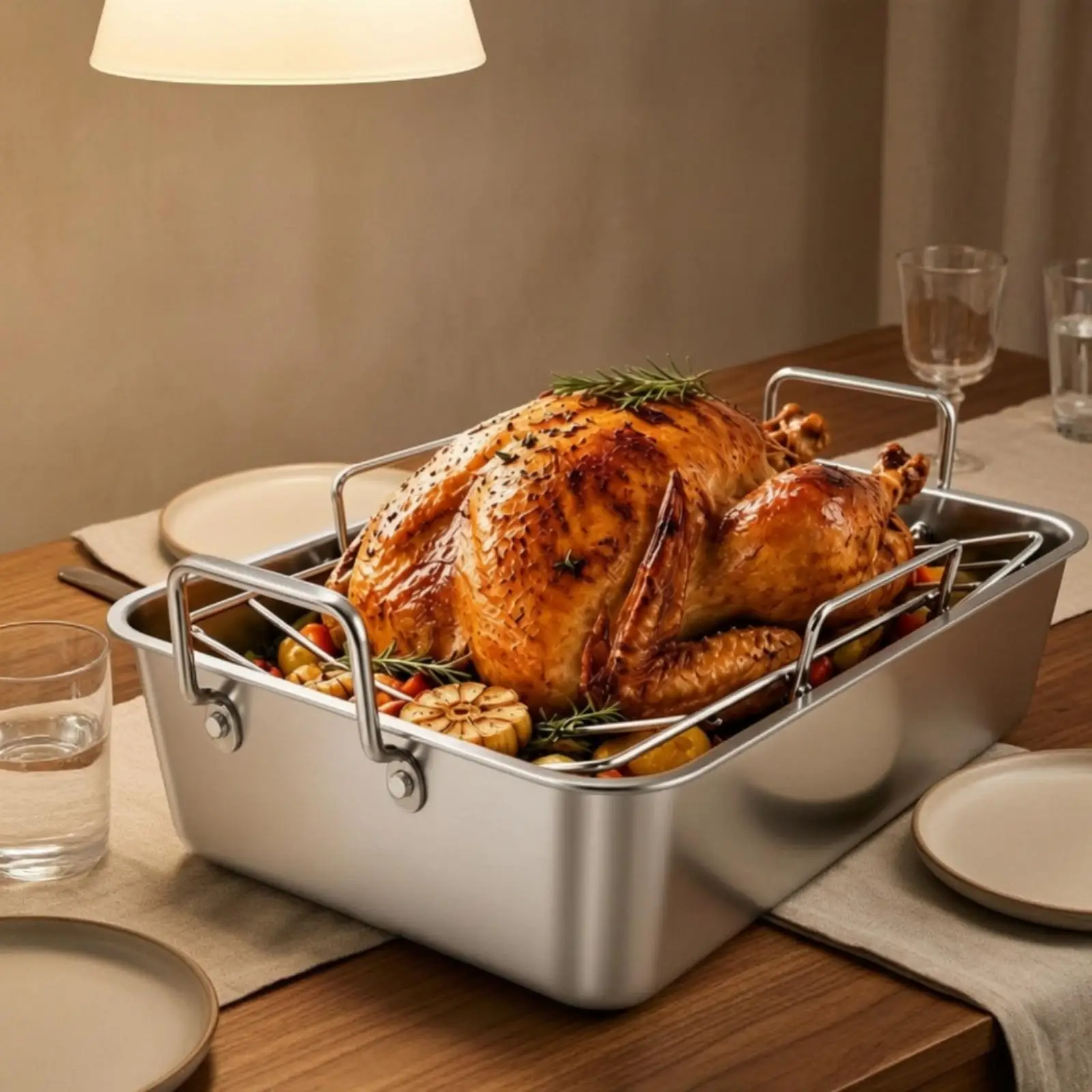 18 Quart Deep Stainless Steel Roasting Pan with Rack for Oven Turkey Meat Vegetables Dishwasher Safe Home Cookware