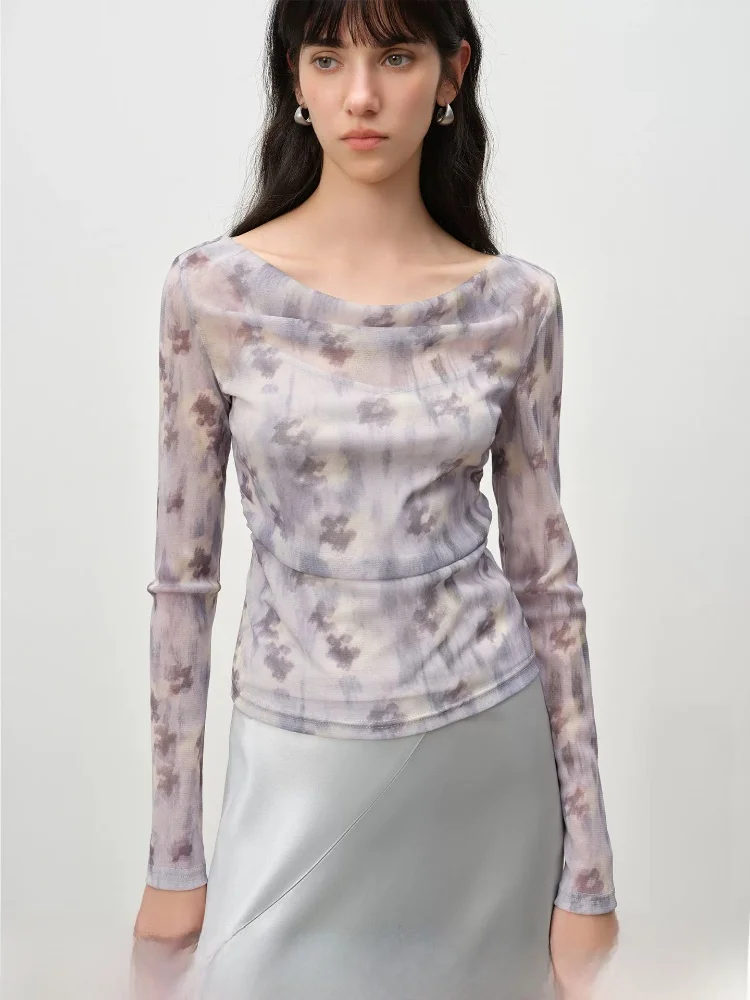 

Women's Slim Fit T-irt with Pleating And adient Printing Crew Ne Long Sve Spring Summer Autumn Faion Casual Top