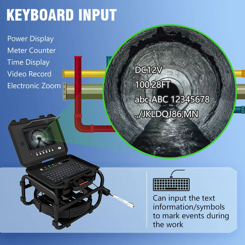 Sewer Pipe Inspection Camera 9Inch IPS 1080P Screen and Self-Leveling 512HZ Locator 7mm Cable Video+Audio Recording 5X Image Enl