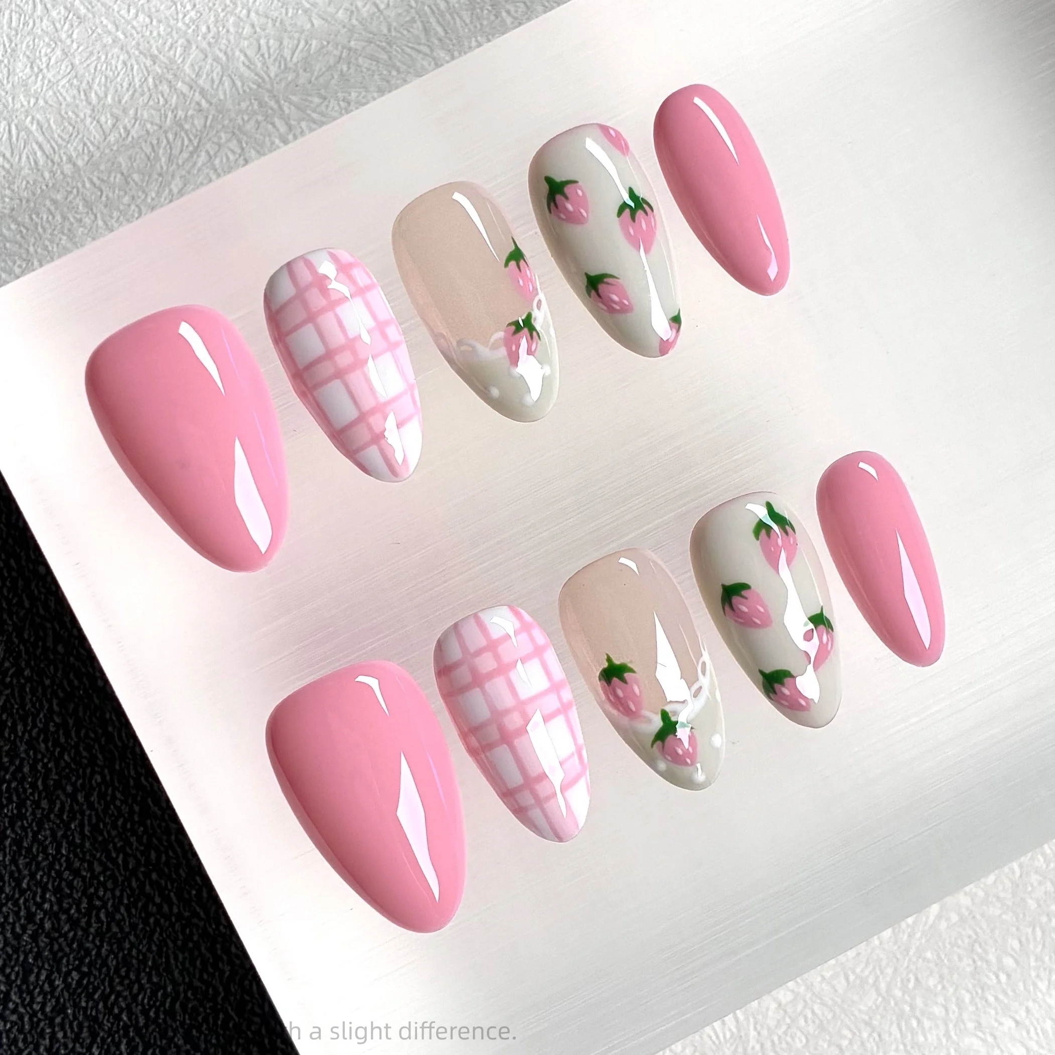 10PCS Handmade Press on Nails Sweet Pink Strawberry Plaid Almond False Nails Wearable Reusable Summer Fake Nail Tips view 3