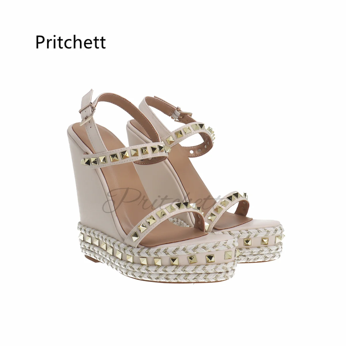 Beige Rivet Espadrilles Wedges Sandals with Heels Platform Buckle Luxury Design Leather Sandals for Women Shoes Custom Color