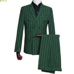 Men's Green Checks Suits Double Breasted Three Piece Set (Blazer +Vest +Pants) Fashion Vintage Bridegroom Tuxedos Slim Suit Men