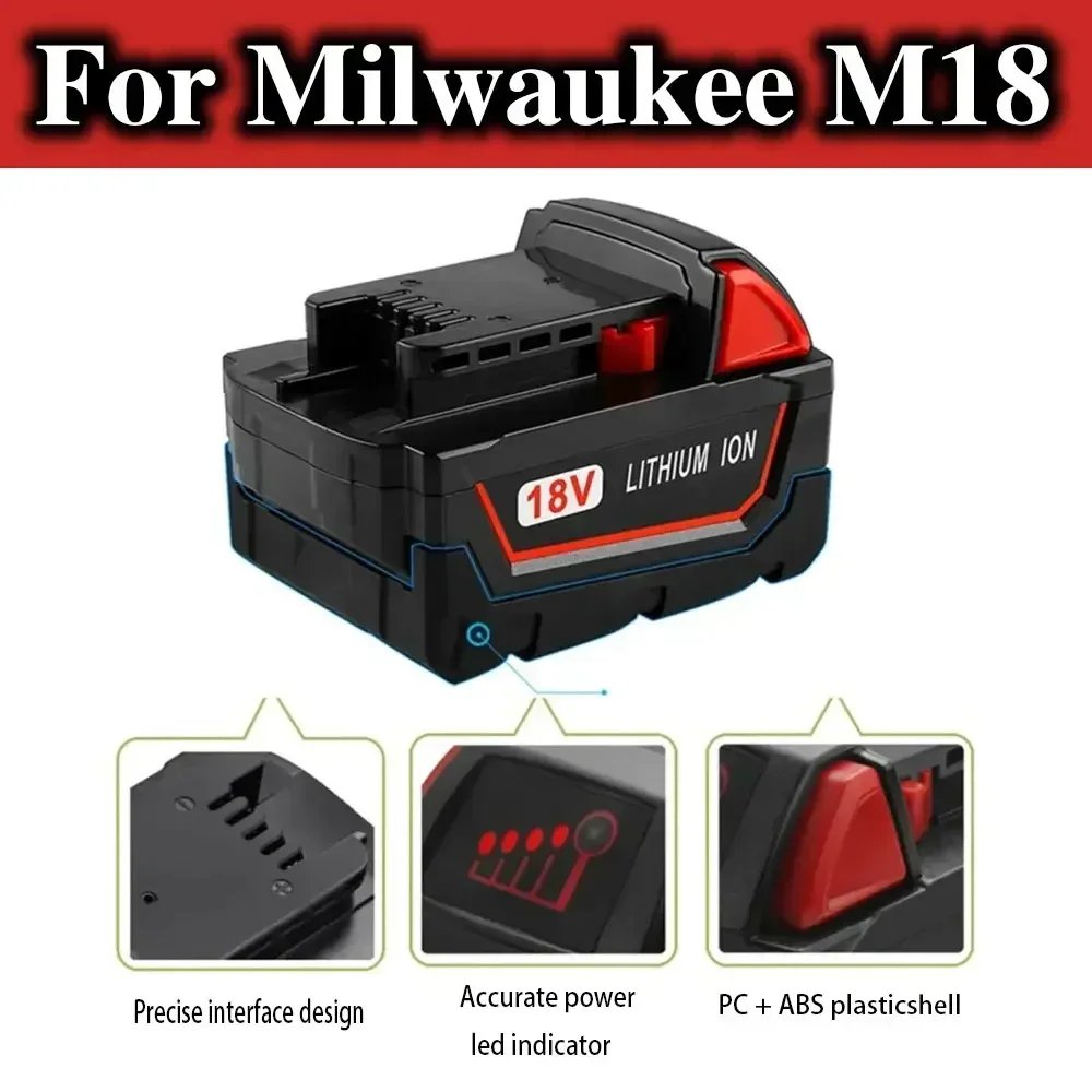 For Milwaukee M18 Power Tool Battery, Charger, BR, XC, 18V, 5000mAh-18000mAh M18B5, 48-11-1860, Built-in 18650 10C Battery