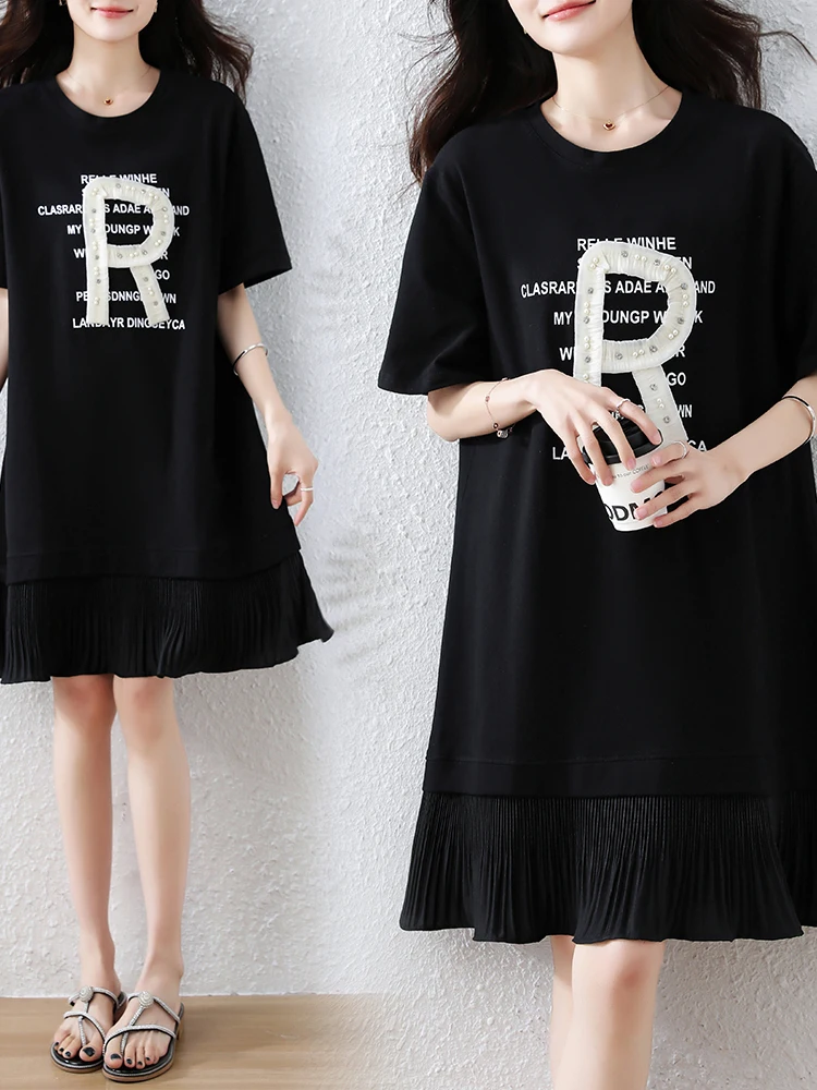 Vestido T-irt F Estilo Coreano Solto, Novo Vestido de Verão Plus Size com Capuz, Vestido Midi de Manga Curta que Cob...