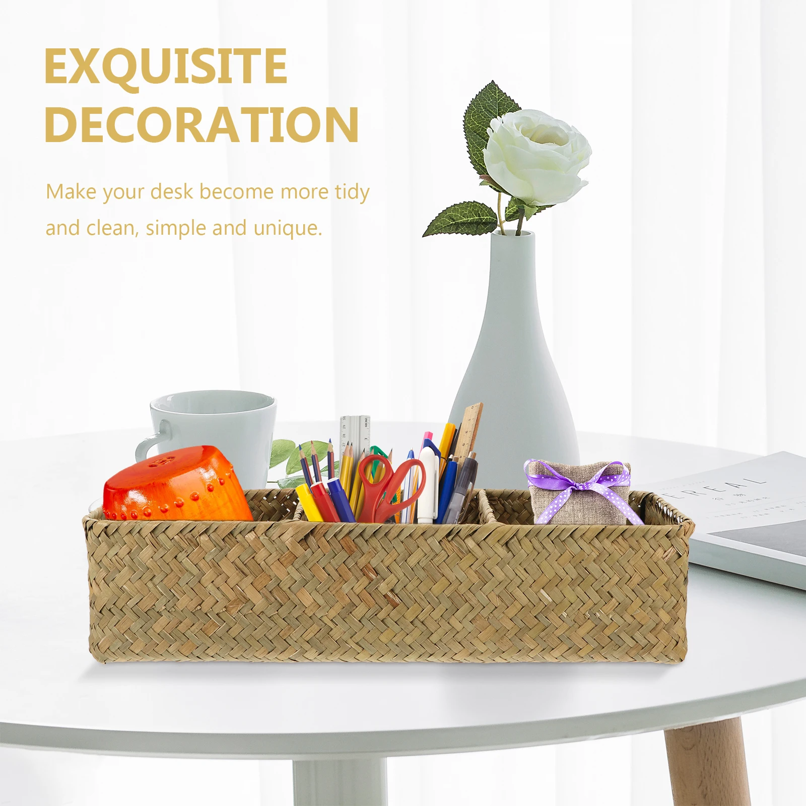 

1pc Storage Box Woven Seagrass Rattan Desktop Organizer Stationery SundriesHome Office Tidy Lightweight Compact