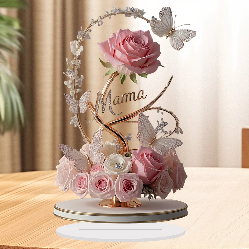 2D Flat Pink Rose Flower 'MAMA' Acrylic Tabletop Ornament Filial Piety Gift for Mom Mother's Day Show Gratitude Home Decor