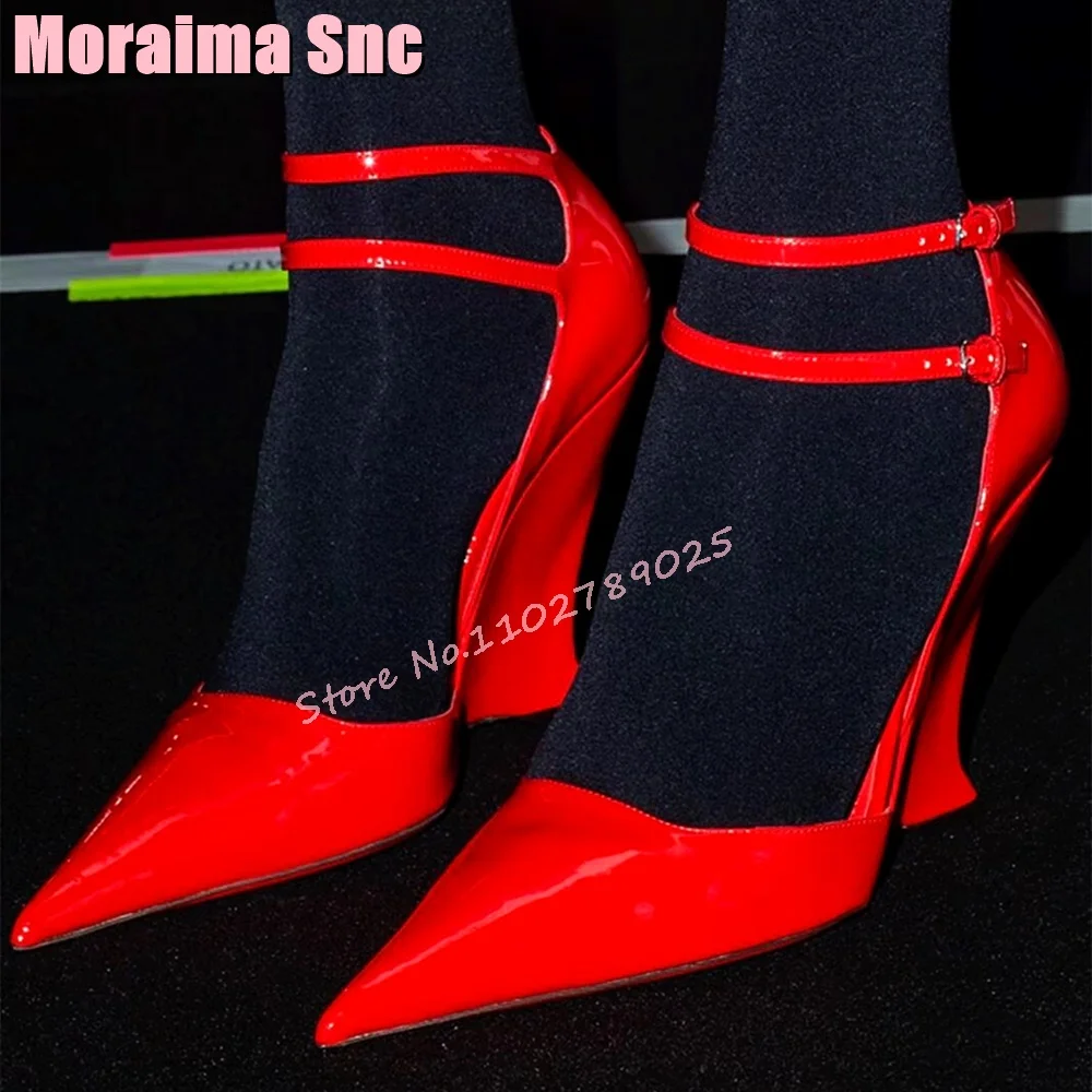 

2024 Spring New Pointed Toe Wedges Pumps Patent Leather Double Ankle Strap Sexy Fashion Runway Banquet Women Shoes Summer Solid