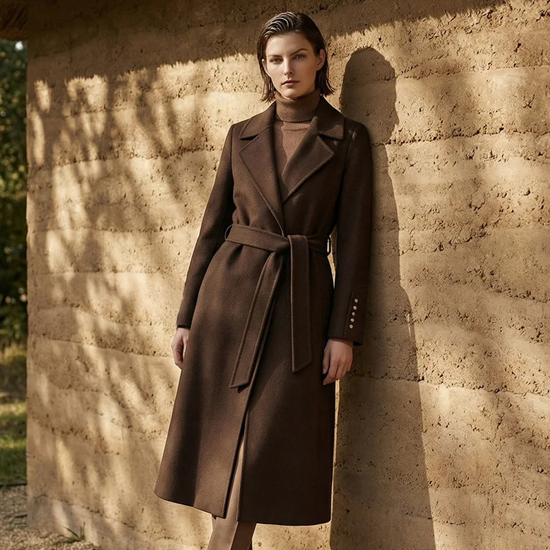 

Wool Double-sided Woolen Coat Autumn Winter Waist Long Woolen Coat Commuting