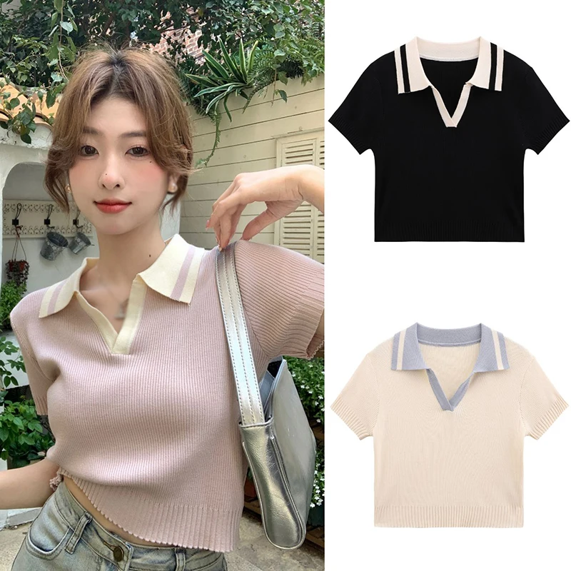 Girls Summer Turndown Collar Short-Sleeved T Shirt Casual New Women Crop Tops Versatile Contrast Color Tees