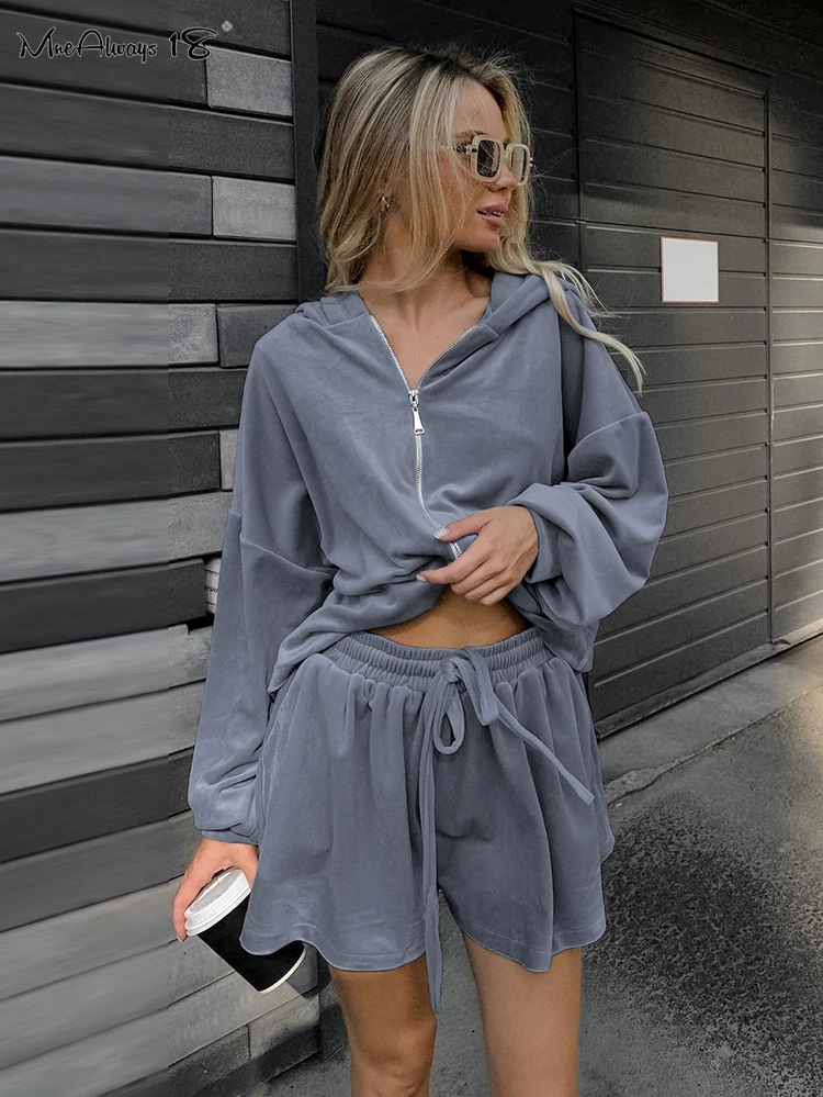 Mnealways18 Blue Sporty Women Knitwear Shorts Sets Autumn 2024 Sweater Hooded And Drawstring Shorts 2 Pieces Suits Knitting Suit