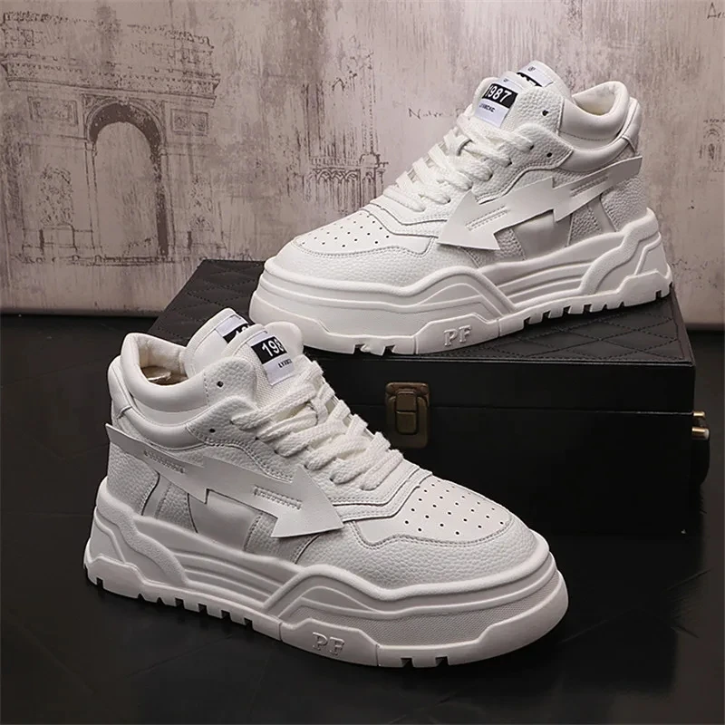 2024 New Handsome Leather Men's High Top Sports Shoes Fashionable Round Head Spliced Lacing Trendy Casual Running Shoes