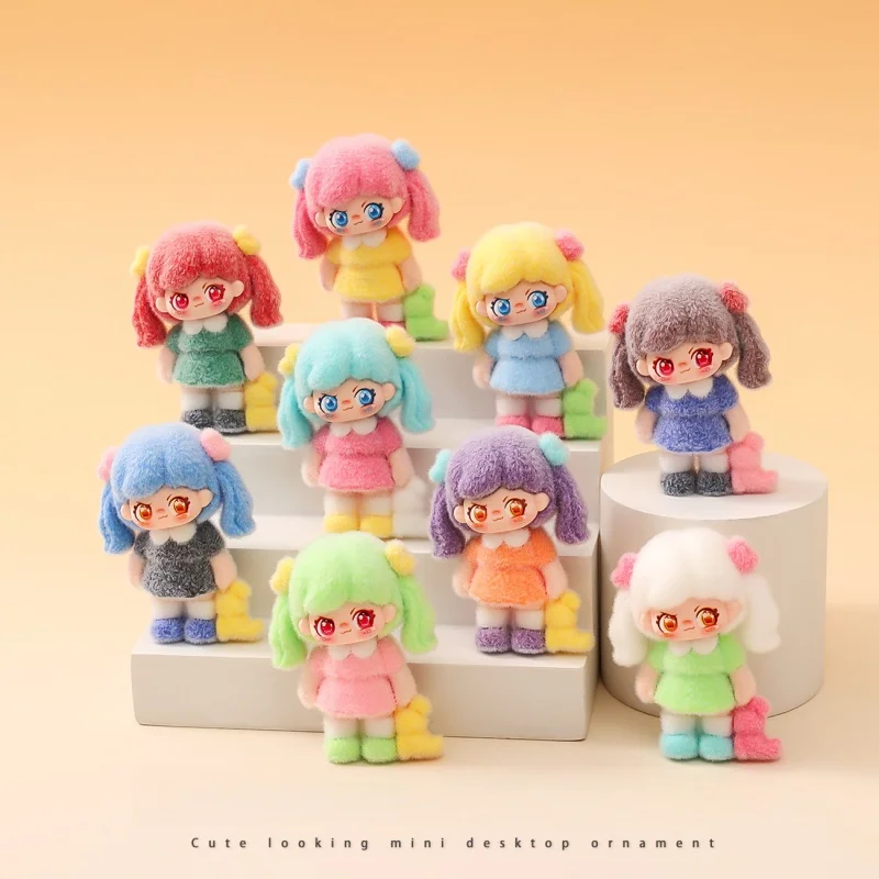 

Коллекционная мини-кукла с двумя хвостиками, пышная, флокированная, в слепой коробке, милая, из смолы, высококачественное нишевое украшение для рабочего стола, праздничный подарок