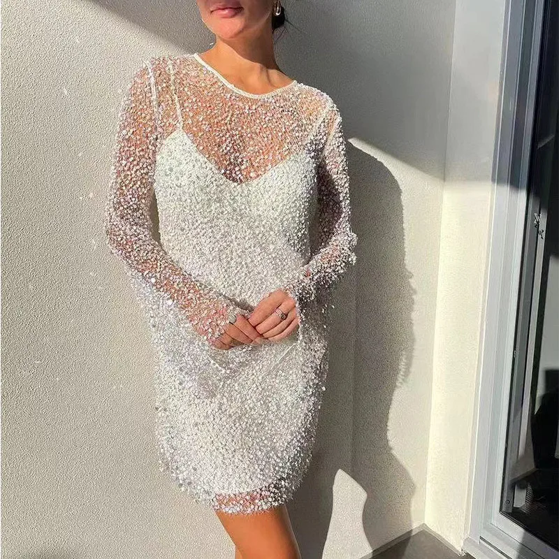 

2025 Cross-Border Independent Station Direct S Women's Size Bubble Pearl Me See-Tough Two-Piece Set Strap Dr