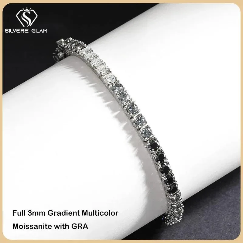 TY GRA Certified 3mm 0.1CT Gradient Color Black Grey White Moissanite Tennis Bracelet for Men Woman 925 Silver Link Bracelets